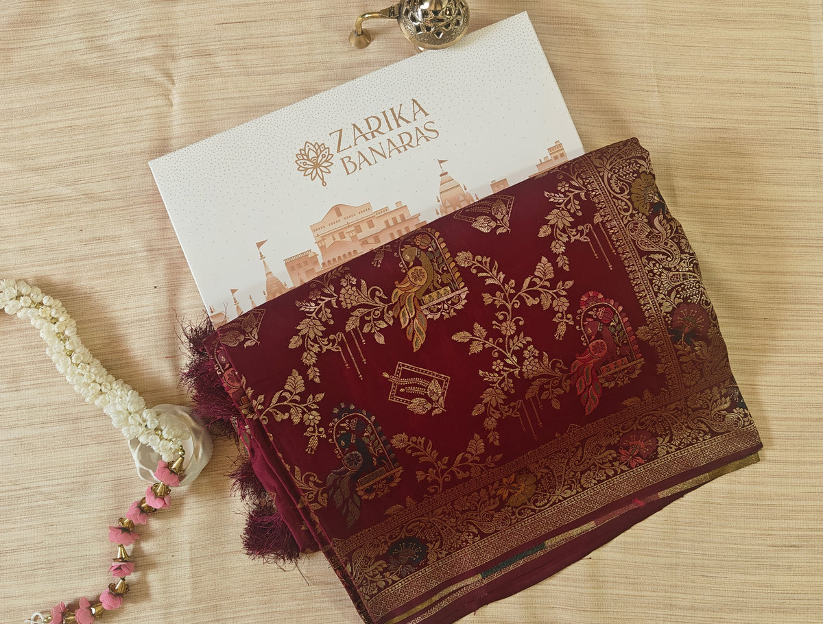 Wine Banarasi Silk Peacock Jaal