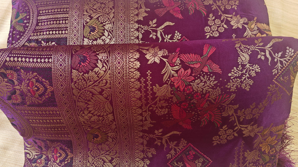 Purple Banarasi Silk Birds Jaal
