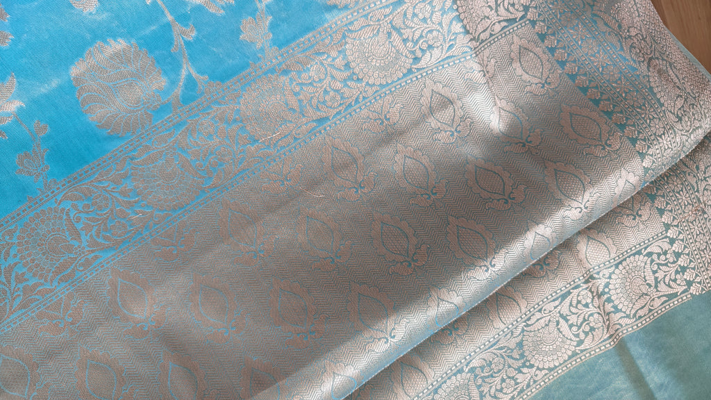 Ice blue Tissue Floral Jaal Saree