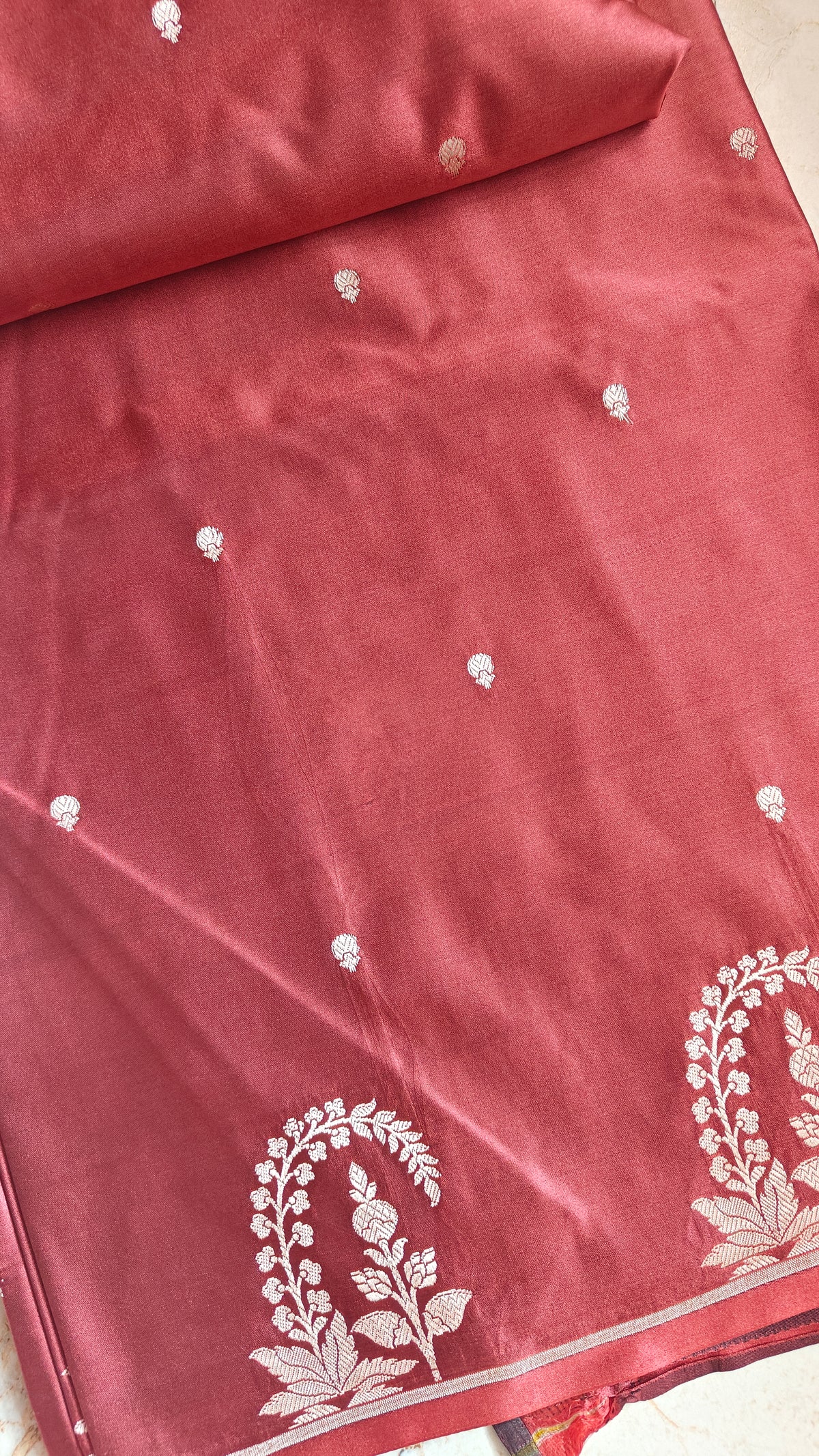 Rust Silk Zari Booti Saree