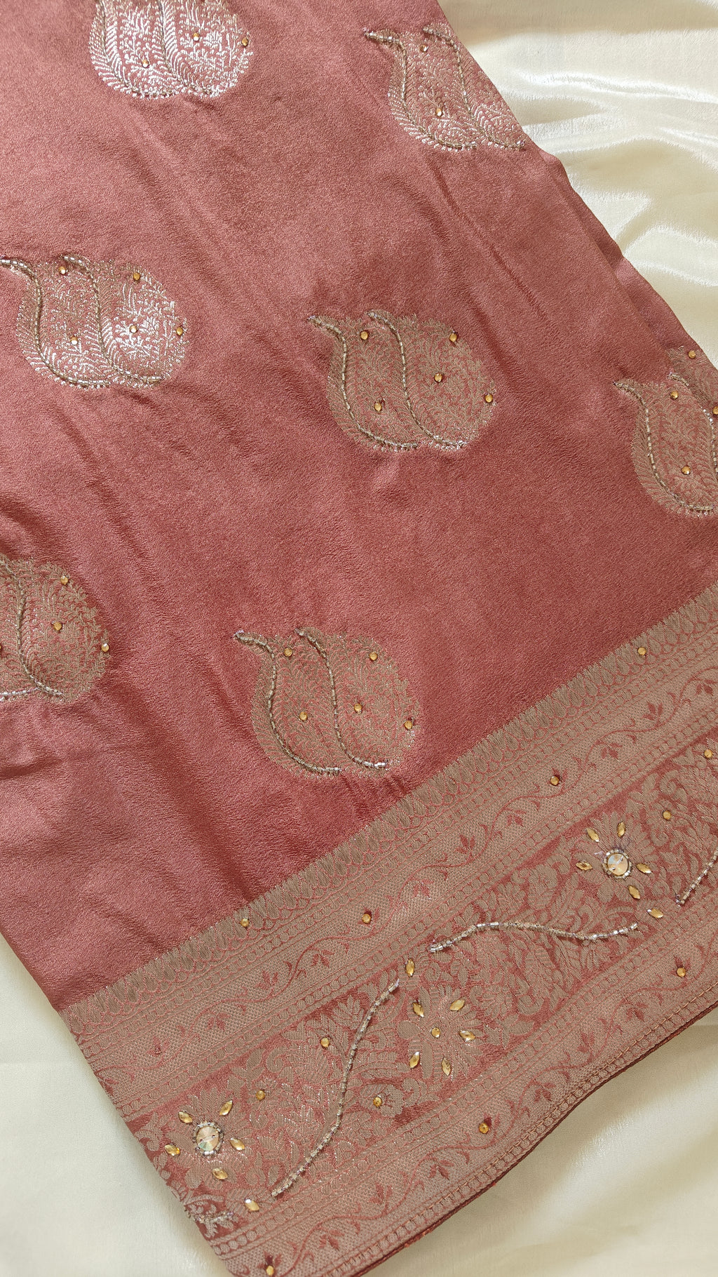 Rust Butter Crepe Handwork Saree