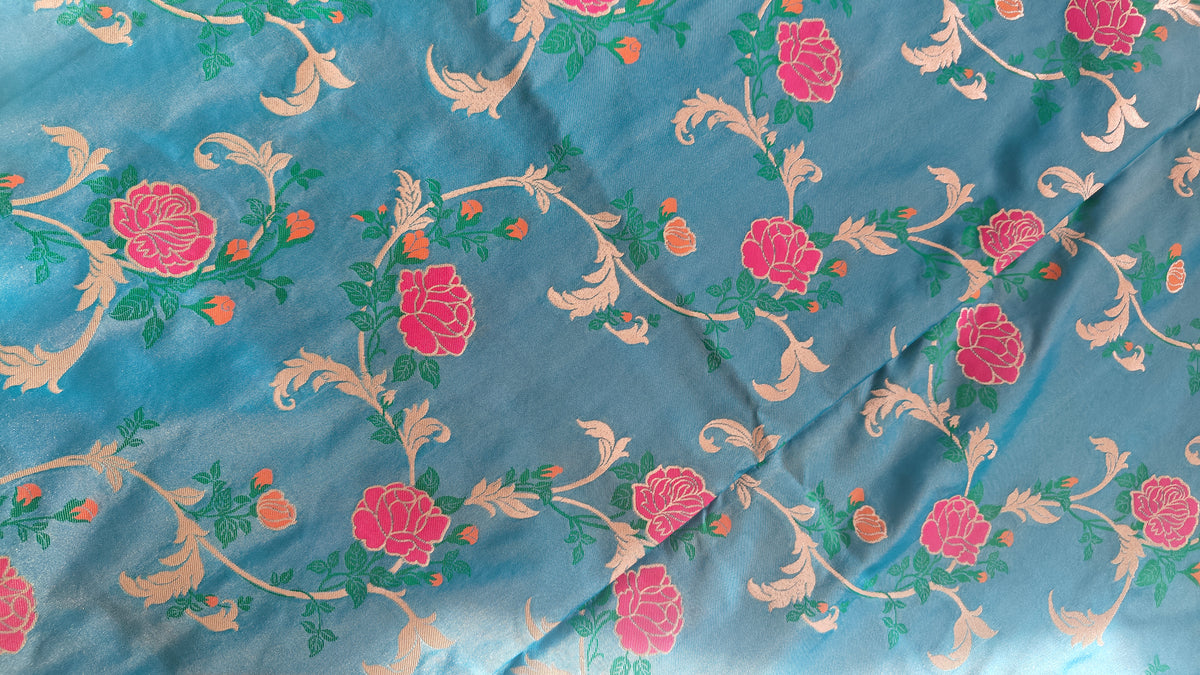 Turquoise Floral Jaal Katan Silk