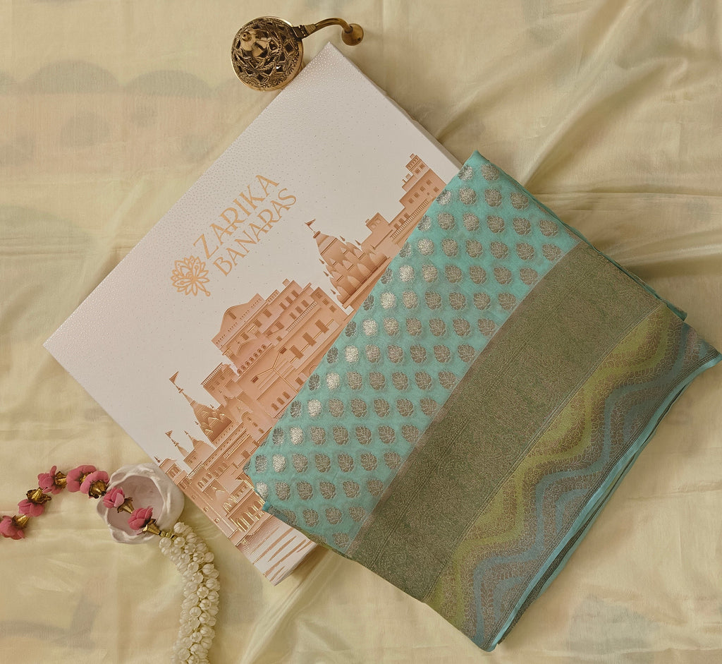 Aqua Blue Georgette Saree Hand-Brush