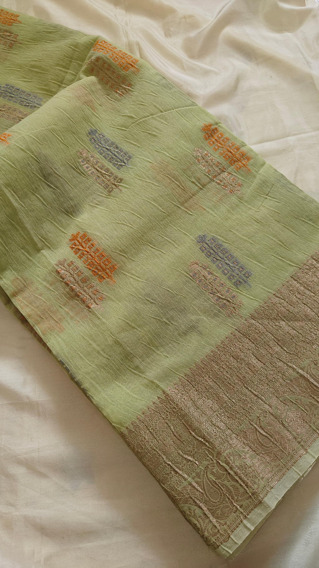 Pista Green Crushed Cotton Saree