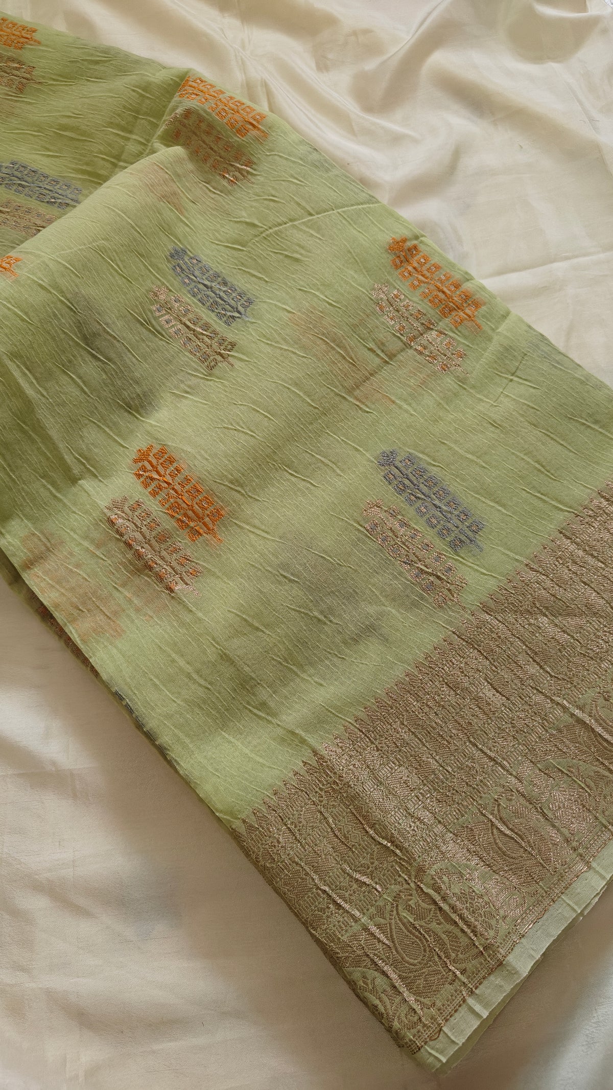 Pista Green Crushed Cotton Saree