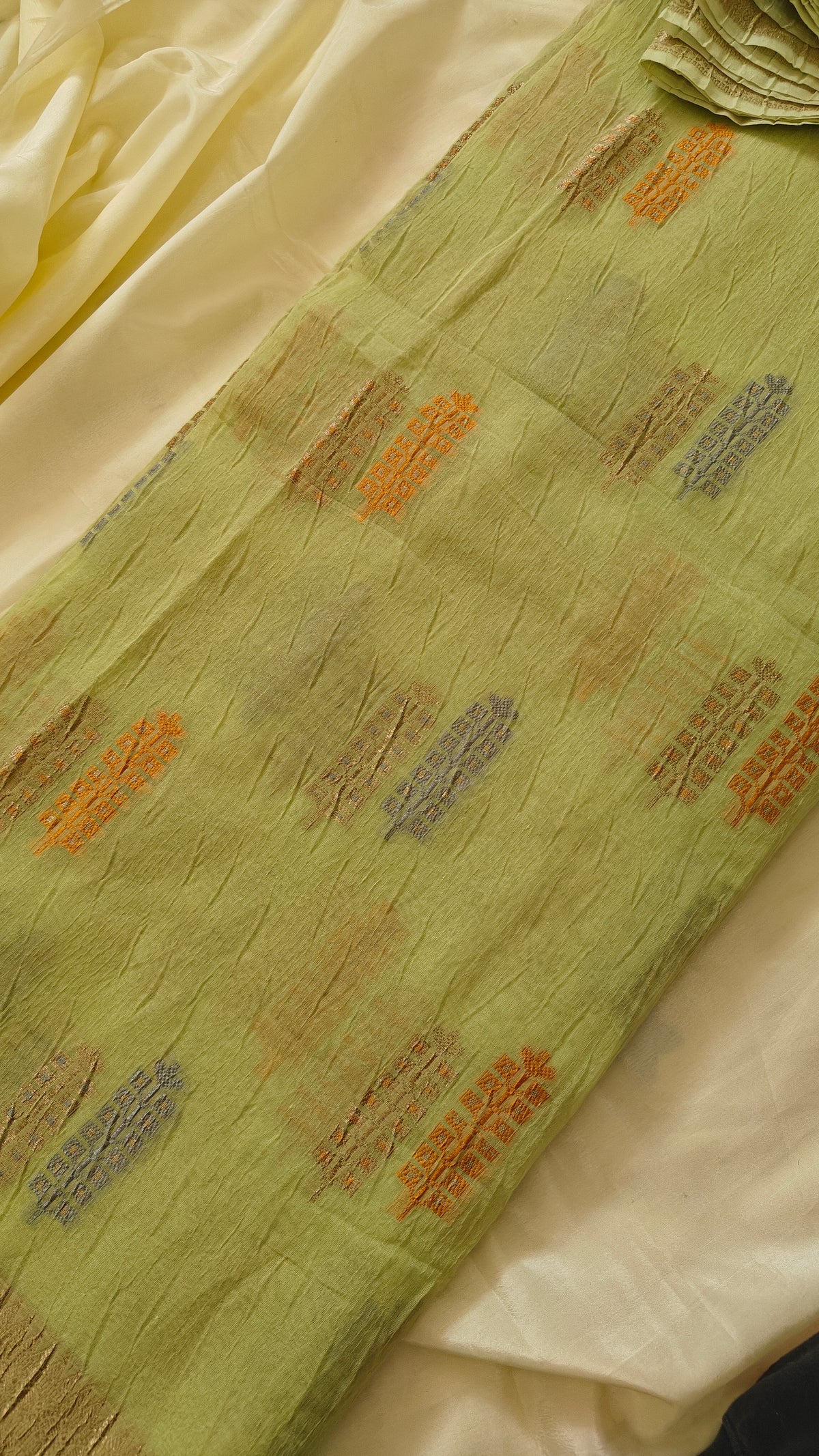 Pista Green Crushed Cotton Saree