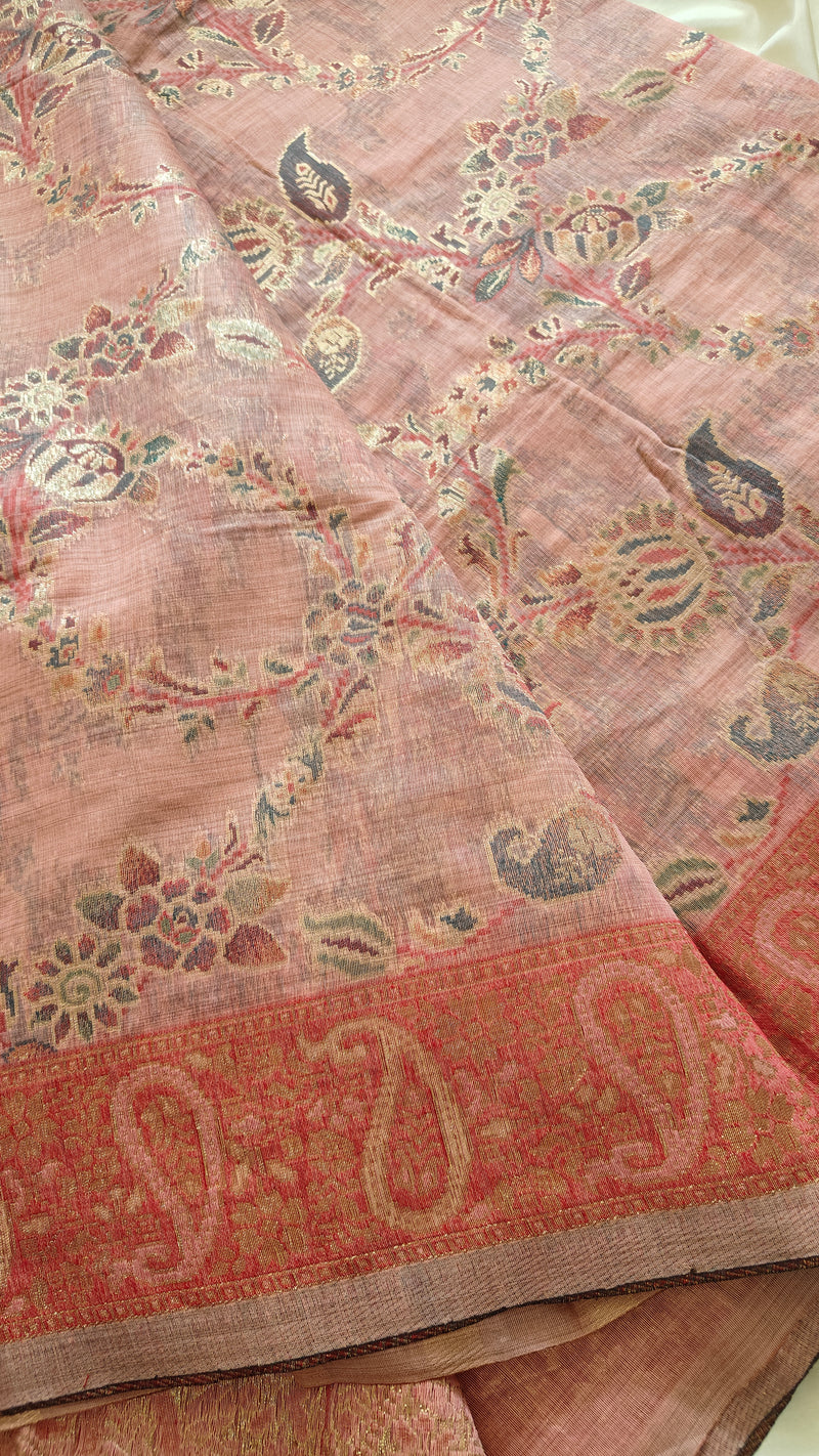 Peach Linen Zari Saree