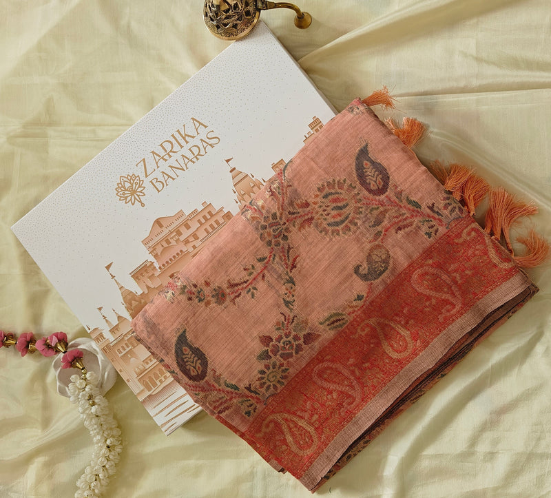 Peach Linen Zari Saree