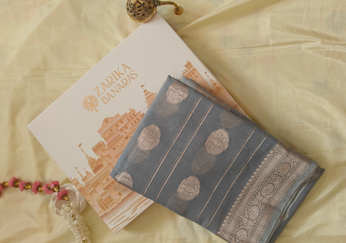 Grey Linen Booti Zari Saree