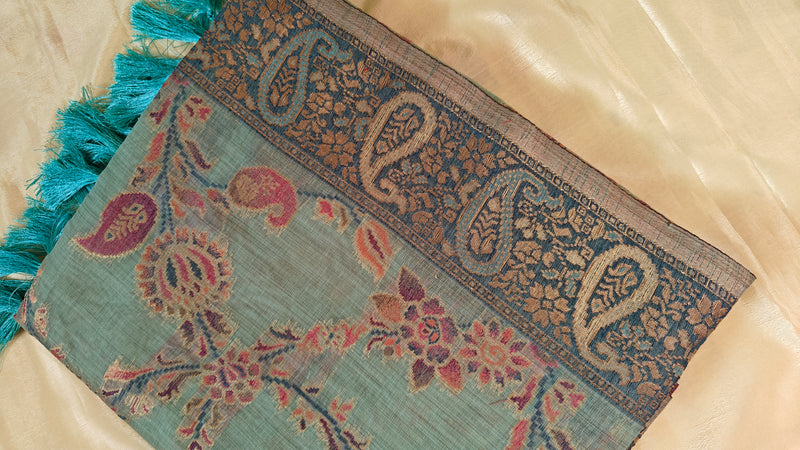 Linen Aqua Blue Zari Saree