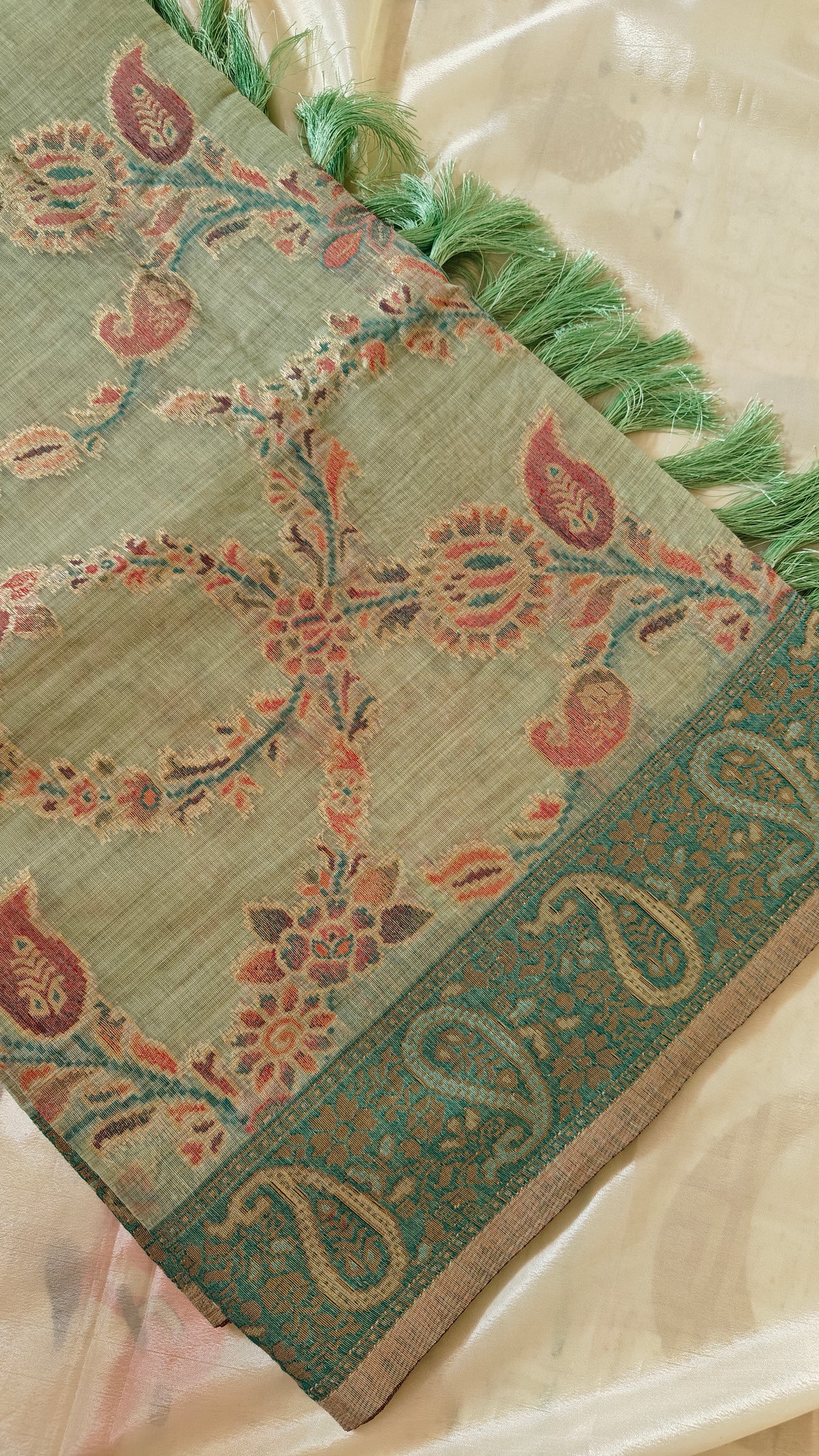Pista Green Linen Saree Zari Jaal Work