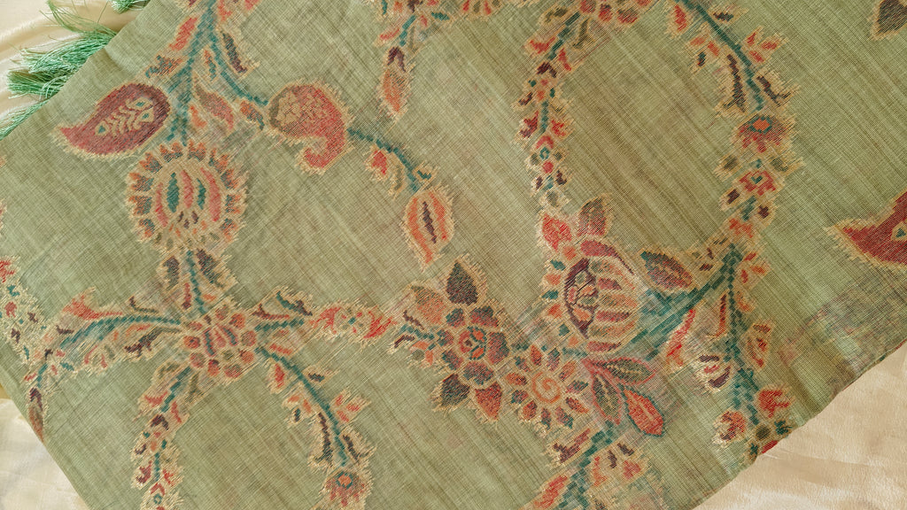 Pista Green Linen Saree Zari Jaal Work