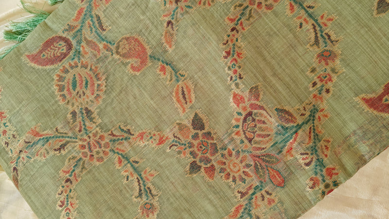 Pista Green Linen Saree Zari Jaal Work