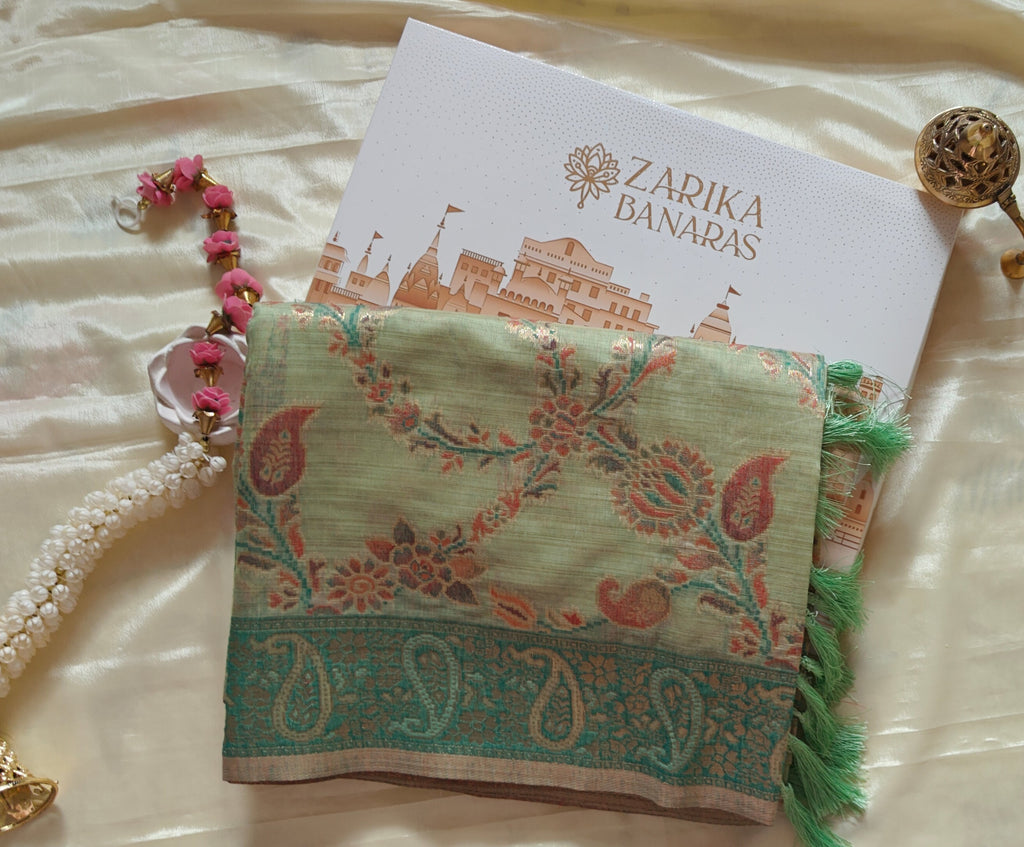 Pista Green Linen Saree Zari Jaal Work