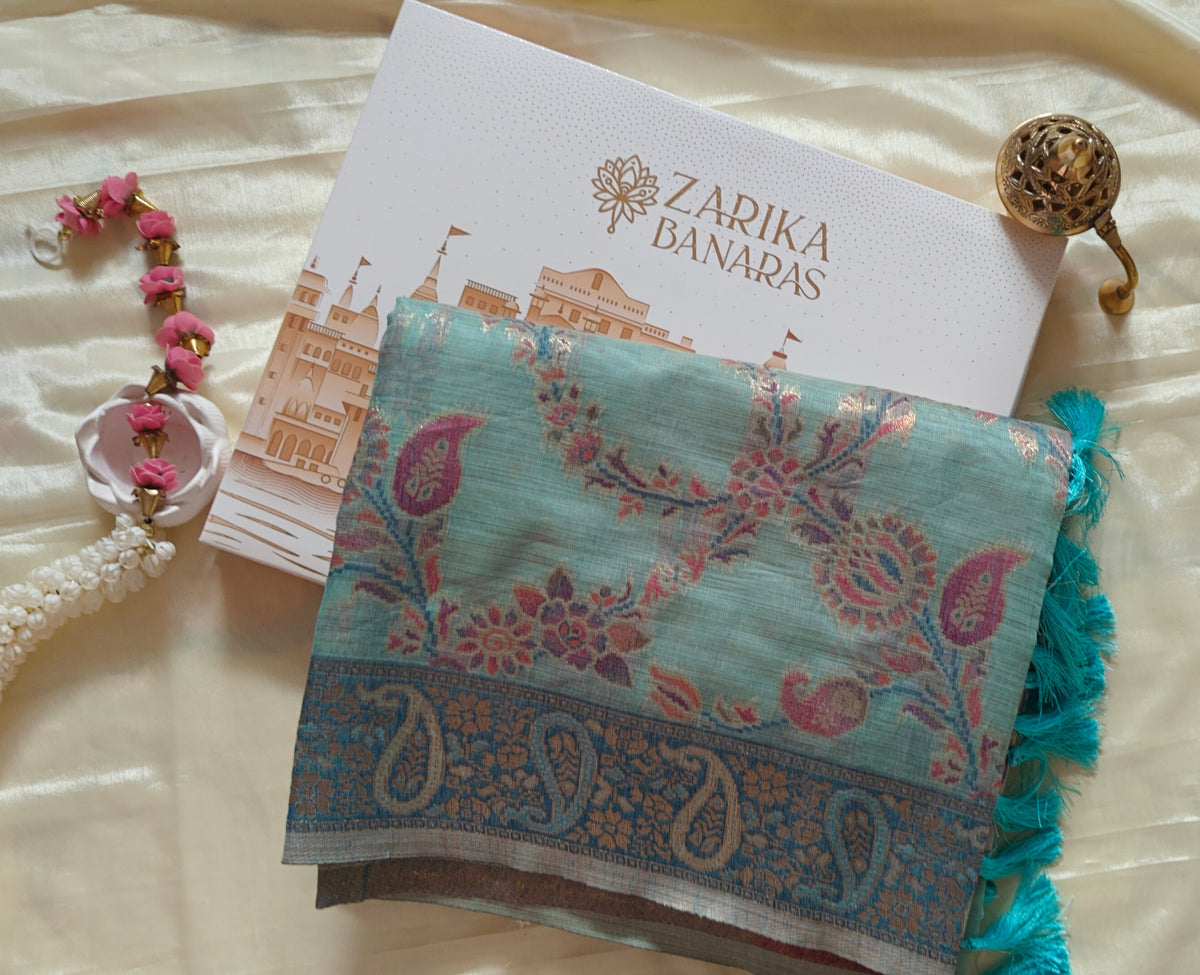 Linen Aqua Blue Zari Saree