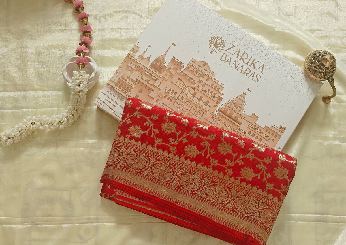 Red Saree with Golden Zari Jaal Work