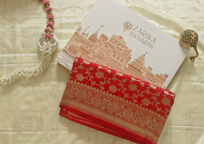 Red Saree with Golden Zari Jaal Work