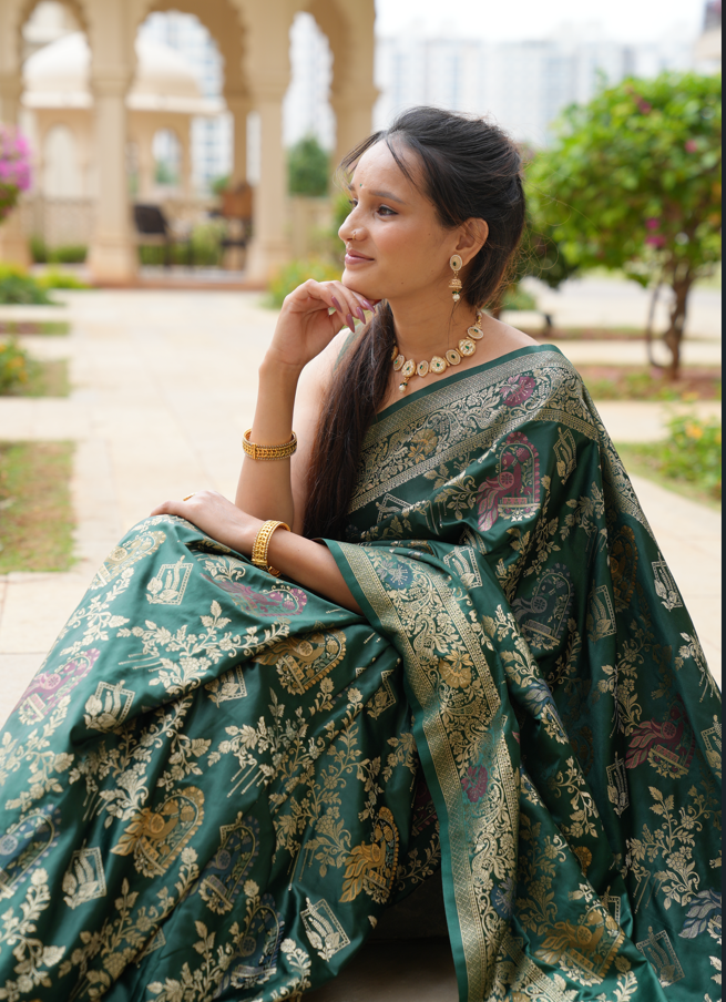 Dark Green Banarasi Silk Peacock Motifs