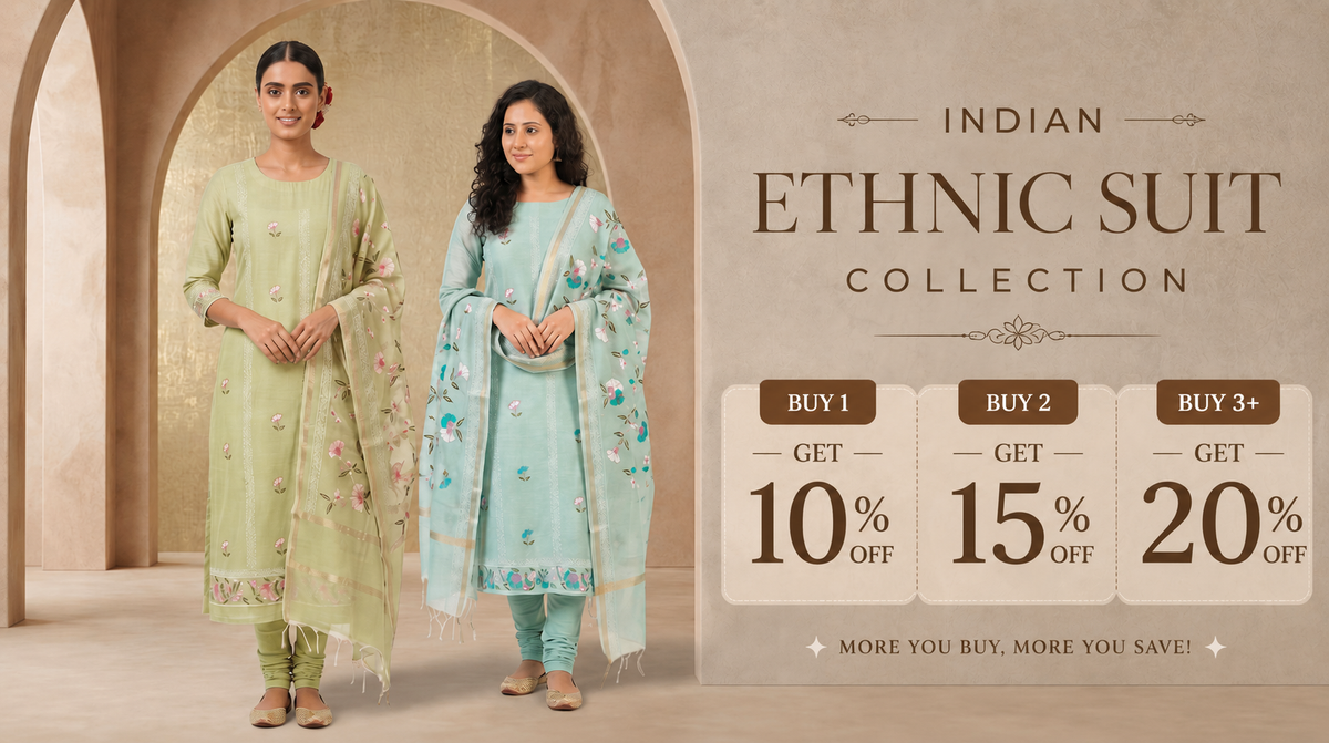 Two women in Indian ethnic suits with a promotional banner for a sale.