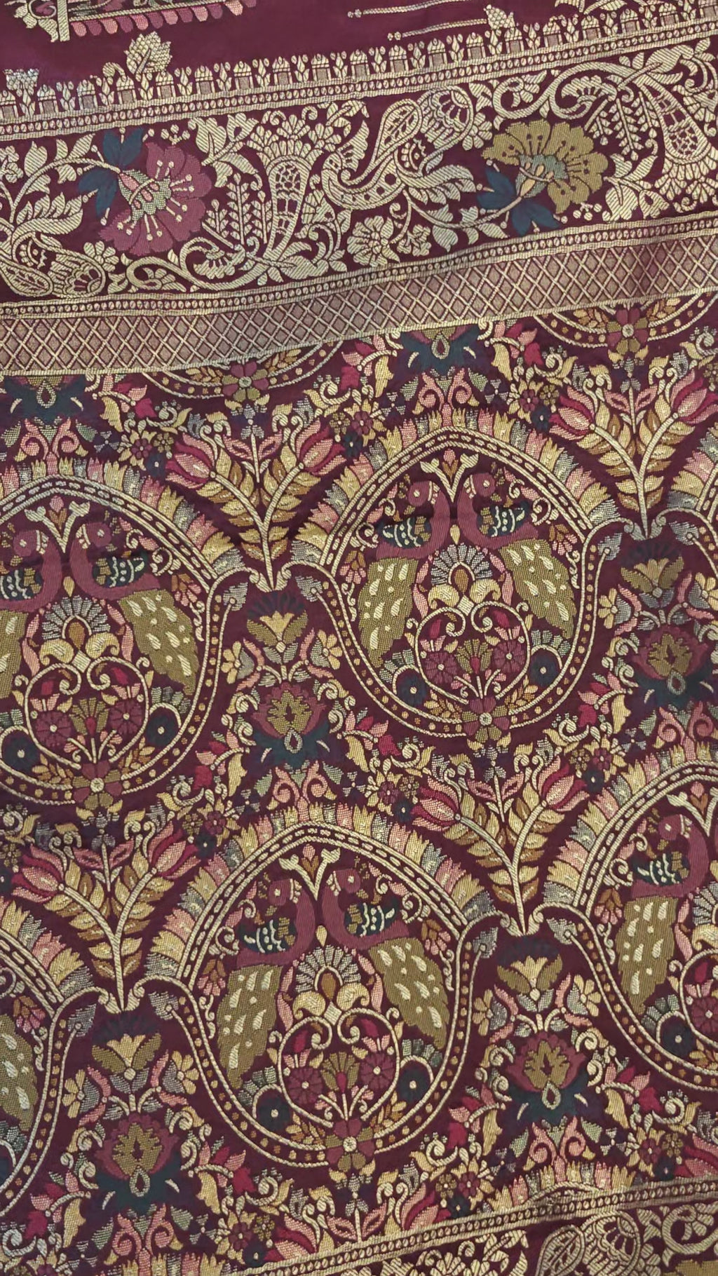 Wine Banarasi Silk Birds Jaal